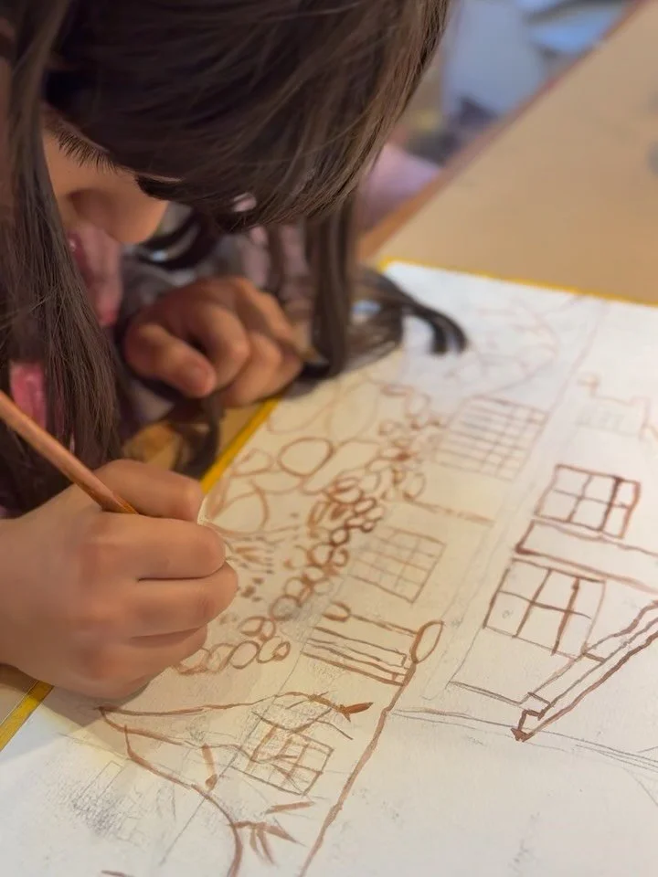 Yes, it&rsquo;s just the beginning stage&hellip;but these house portrait under-paintings need their own post! Our 3rd-5th grade artists in Intermediate Studio were so focused while painting fine lines and shadow washes in the first layer of their pai