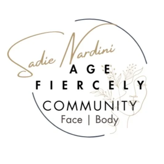 Sadie Nardini Age Fiercely Community logo with face and foliage illustration, focused on face and body.