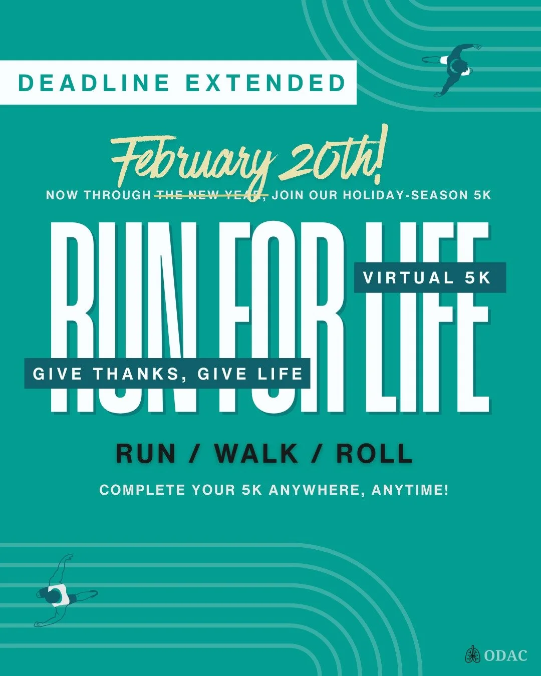Deadline extended! 🎉🏃&zwj;♀️ 

Our Run for Life: Give Thanks, Give Life virtual 5K is now open through February 20th!

Run, walk, or roll anywhere, anytime, and be part of a community celebrating gratitude, second chances, and the lifesaving power 