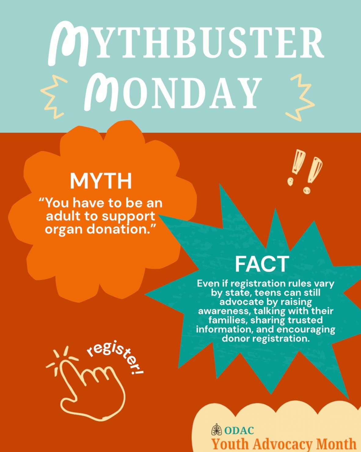 It&rsquo;s Myth-buster Monday!! Today we&rsquo;re reminding teens that you don&rsquo;t have to be an adult to make a difference in organ donation advocacy. Youth advocacy starts with learning the facts, sharing trusted information, and using your voi