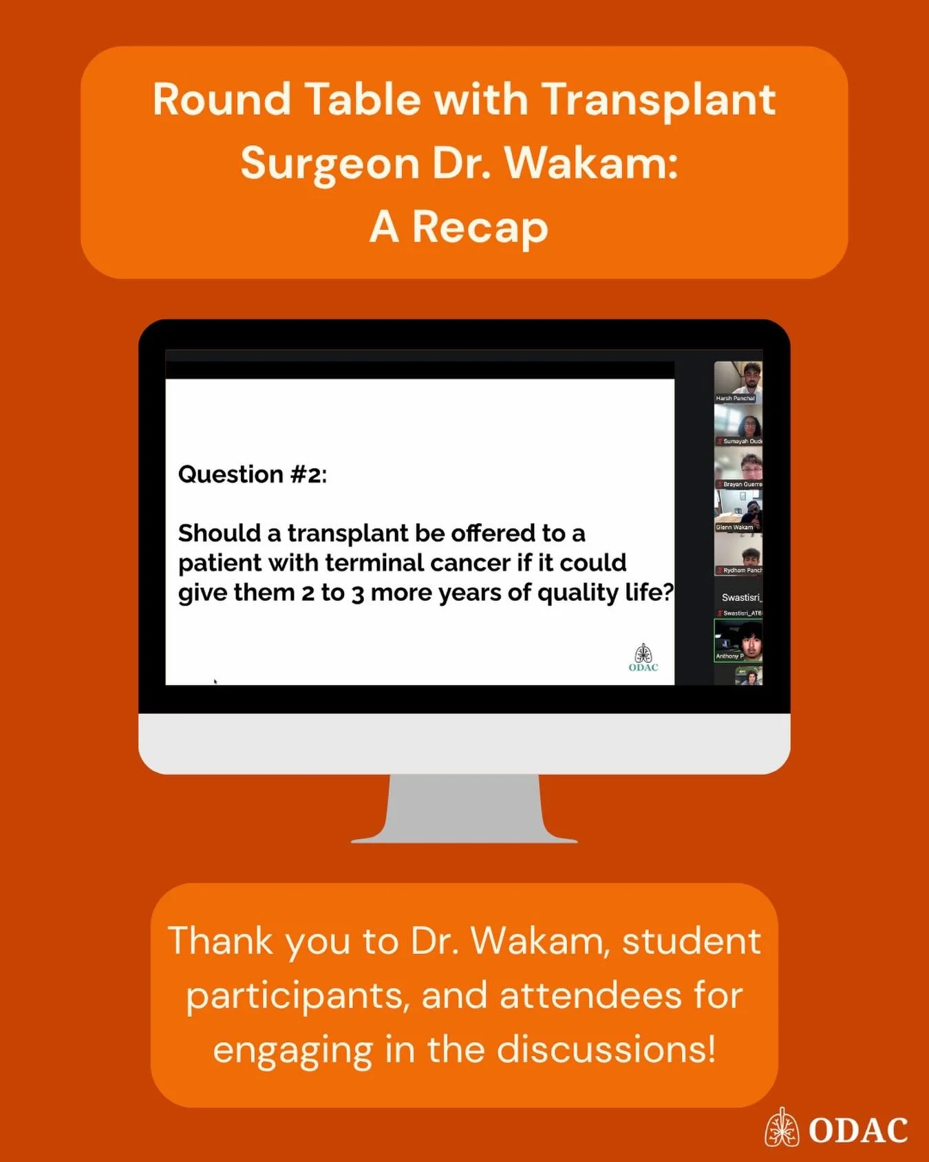 Thank you to everyone who attended our round table event with Dr. Wakam, a transplant surgeon who shared so much expertise. Discussions included ethical questions regarding criteria for transplant, treatment of underserved or vulnerable populations, 
