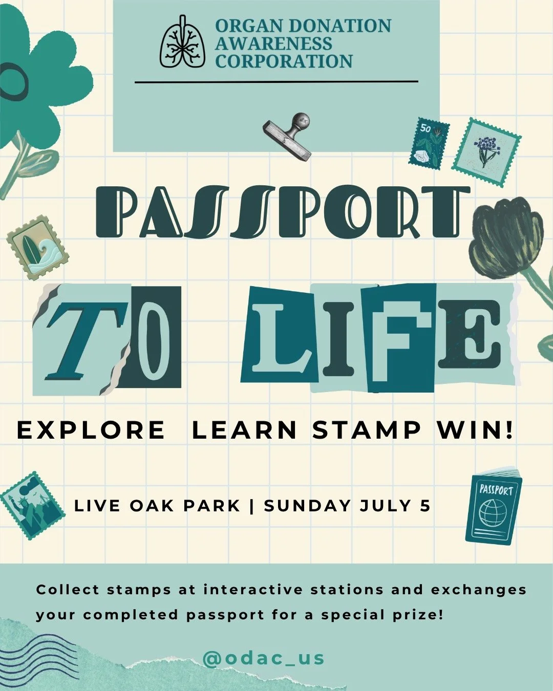 Join us at Live Oak Park on Sunday, July 5 for Passport to Life!

Pick up your passport, visit interactive organ donation games and trivia stations, collect stamps, and redeem your completed passport for community prizes.

When: Sunday, July 5 

Wher