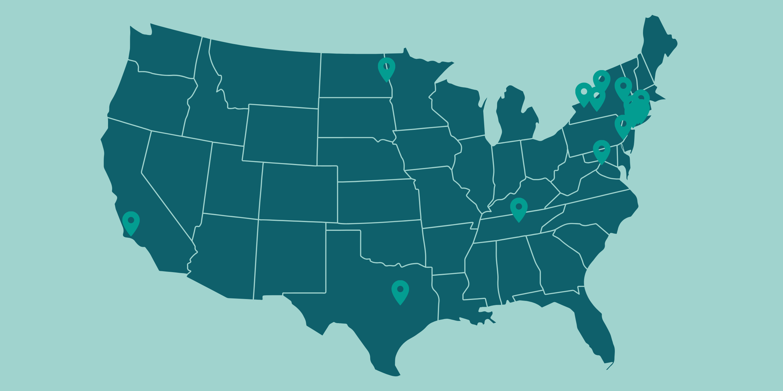 Map of the United States with location markers in various states, including California, Texas, Illinois, New York, Massachusetts, Pennsylvania, Ohio, and North Dakota.
