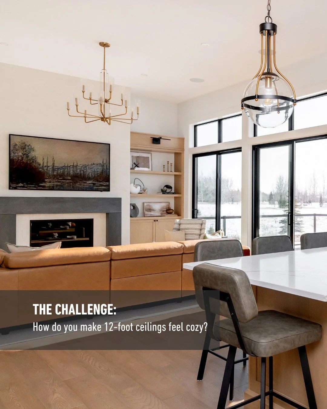 There&rsquo;s something about 12-foot ceilings that makes a room feel pretty special.

The trick is making all that extra height still feel warm and inviting. In this space, we brought in plenty of warm wood tones, soft neutrals, natural textures and