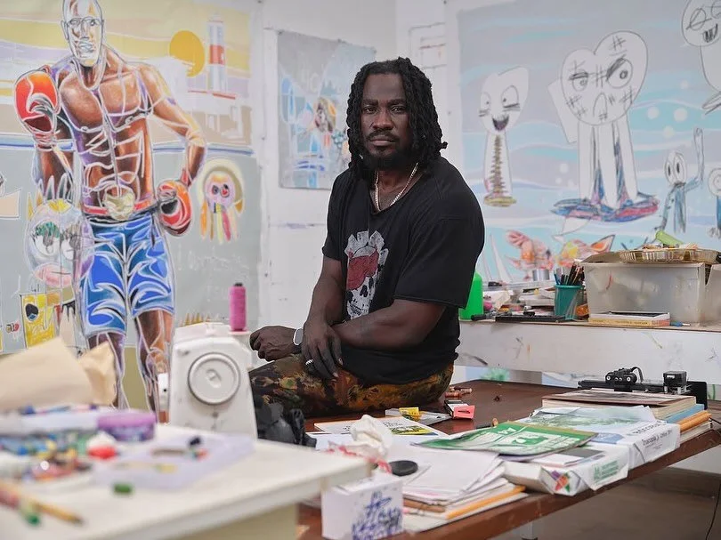 News from friends of AMOCA: Inside Serge Attukwei Clottey&rsquo;s studio, a never-before-seen body of work is taking shape for his 2025 Accra Cultural Week exhibition 💫

Working with coloured chalk on canvas, Clottey depicts the people and stories o