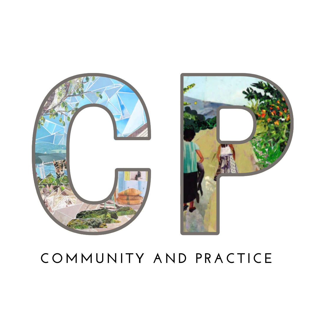 'Community and Practice' Logo, with collage illustrations embedded in them.