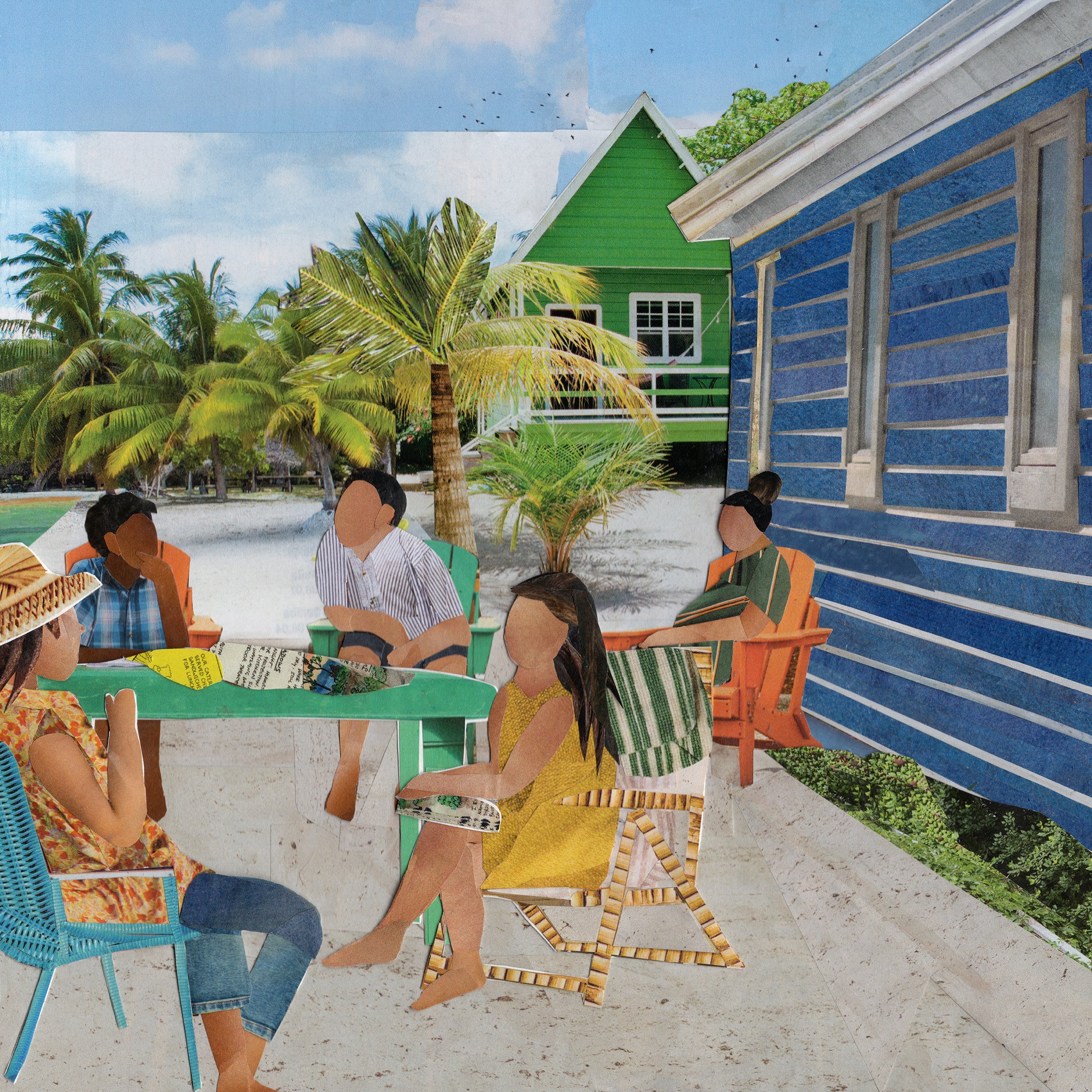 A group of people sitting outdoors on a patio with colorful chairs and a green table, collaborating on community issues, working to provide the best outcomes.