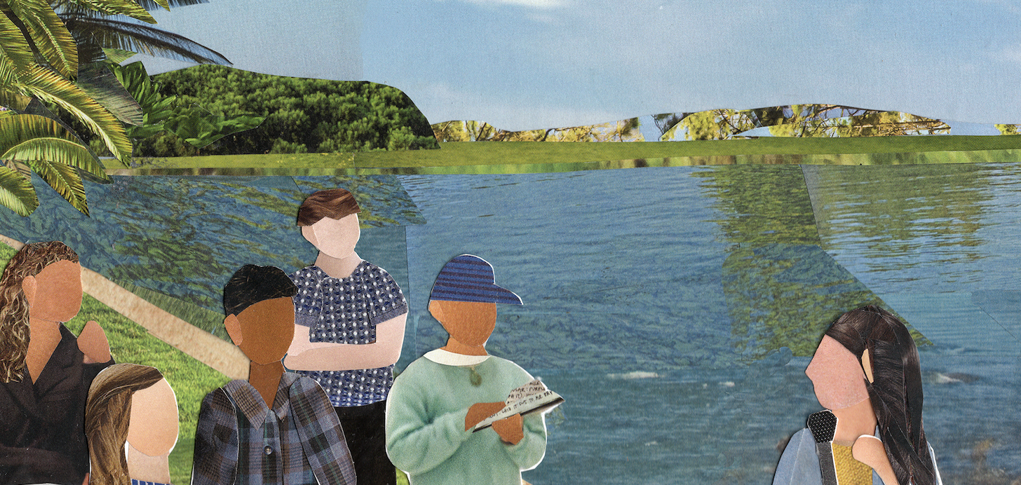 An image of a group of people standing near a body of water with a landscape and trees in the background. The are working collaboratively to solve complex problems and drive community engagement allows the community to benefit most from the outcomes.