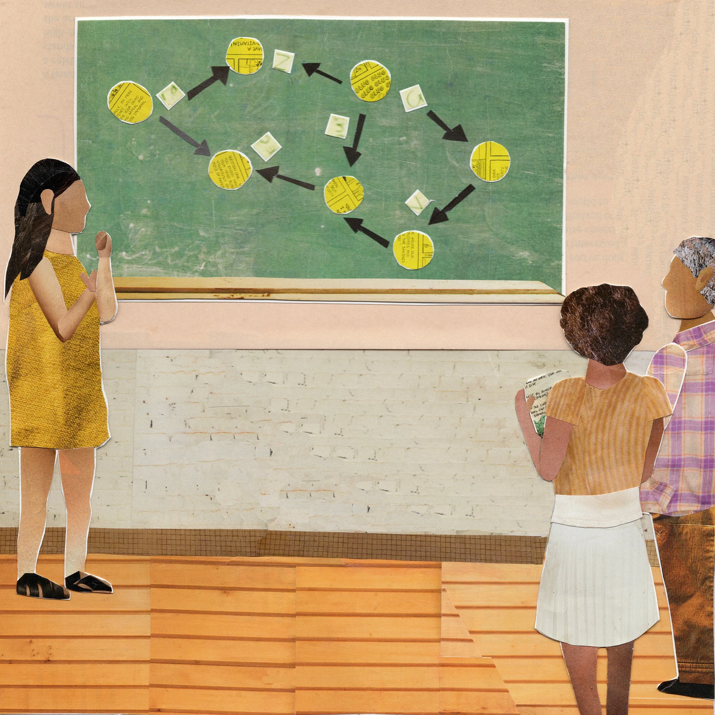 Three women in brainstorming and making diagram, to create custom solutions to community problems.