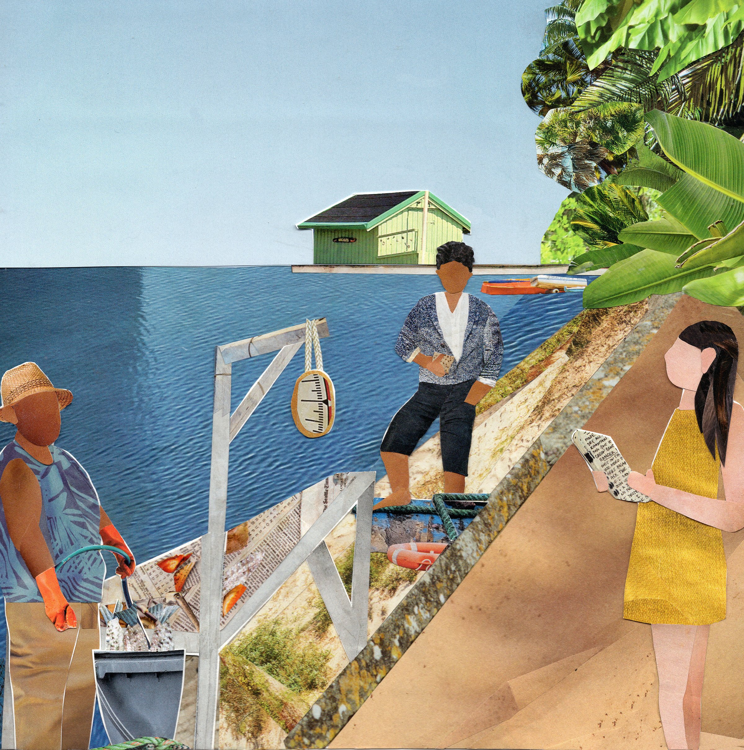 Collage depicting a woman in a yellow dress reading her phone, a man standing on a beach with a walkie talkie, and a person fishing by the water, with tropical foliage and a small green house in the background.