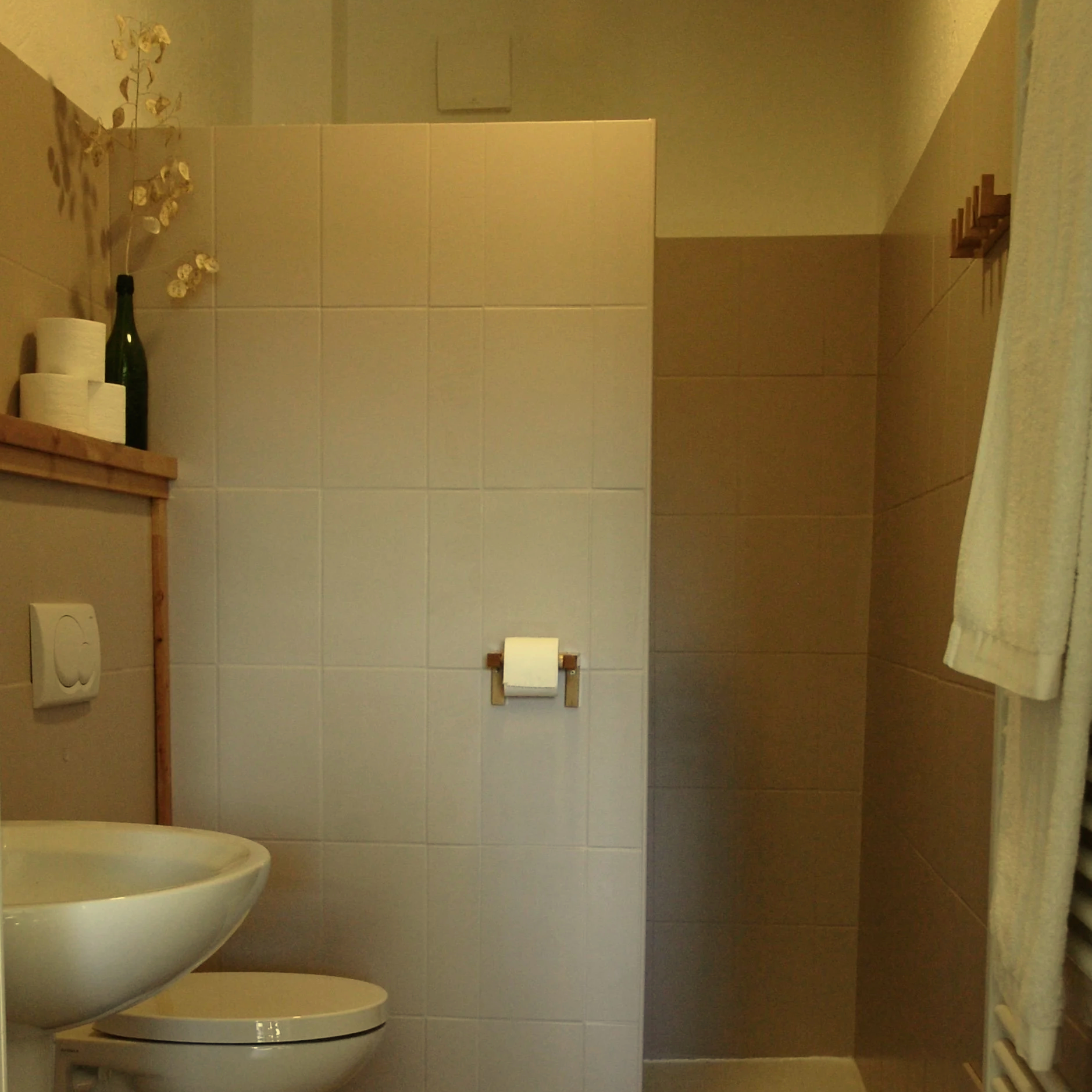 Badkamer met toilet, douche en handdoekrek aan muur, florale tegelaccenten.