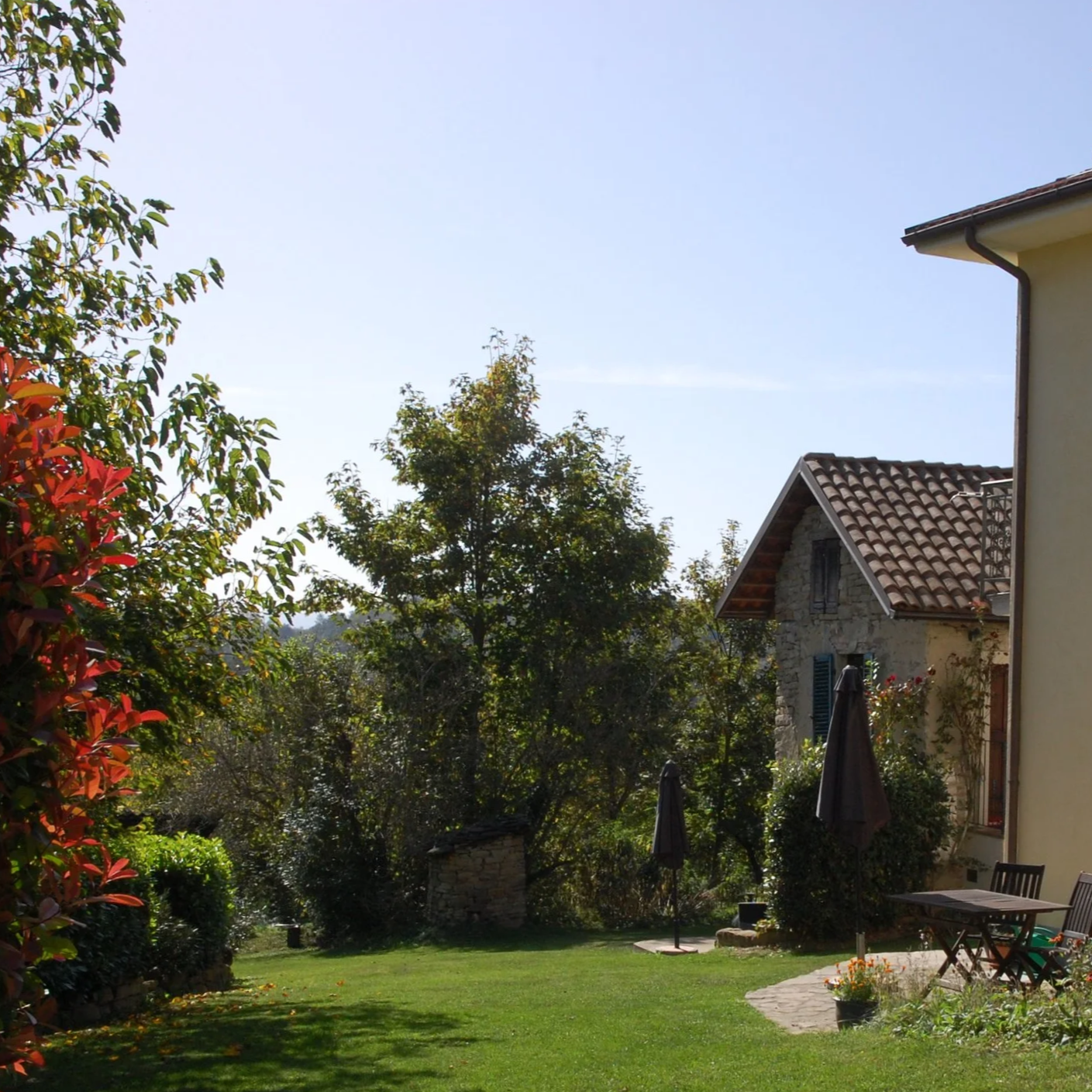 Tuin met rechts op voorgrond appartement Cinghiale en op de achtergrond huisje Capriolo