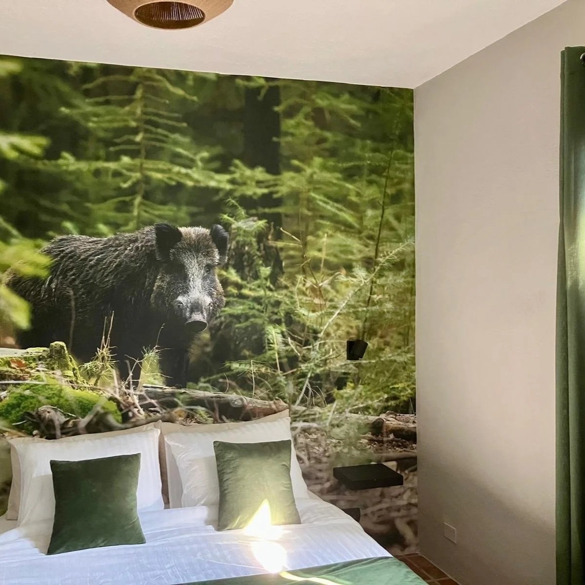 Een slaapkamerdecoratie met een groot fotobehang van een wild zwijn in een bos, achter een bed met witte lakens en groene kussens.