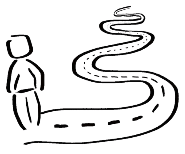 A simple line drawing of a person standing on a winding road that curves into the distance.