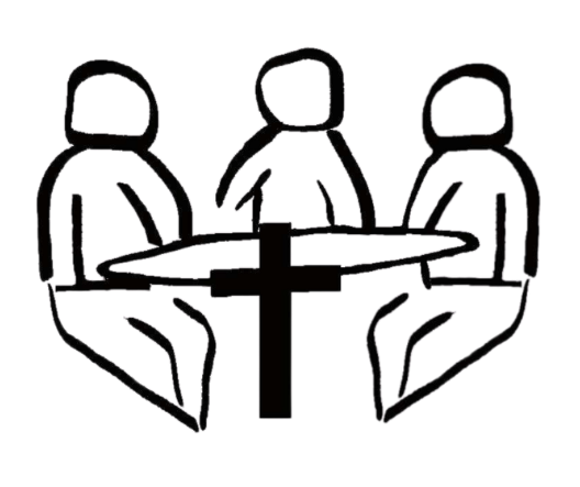 Outline of three people sitting around a round table with a cross in the center.