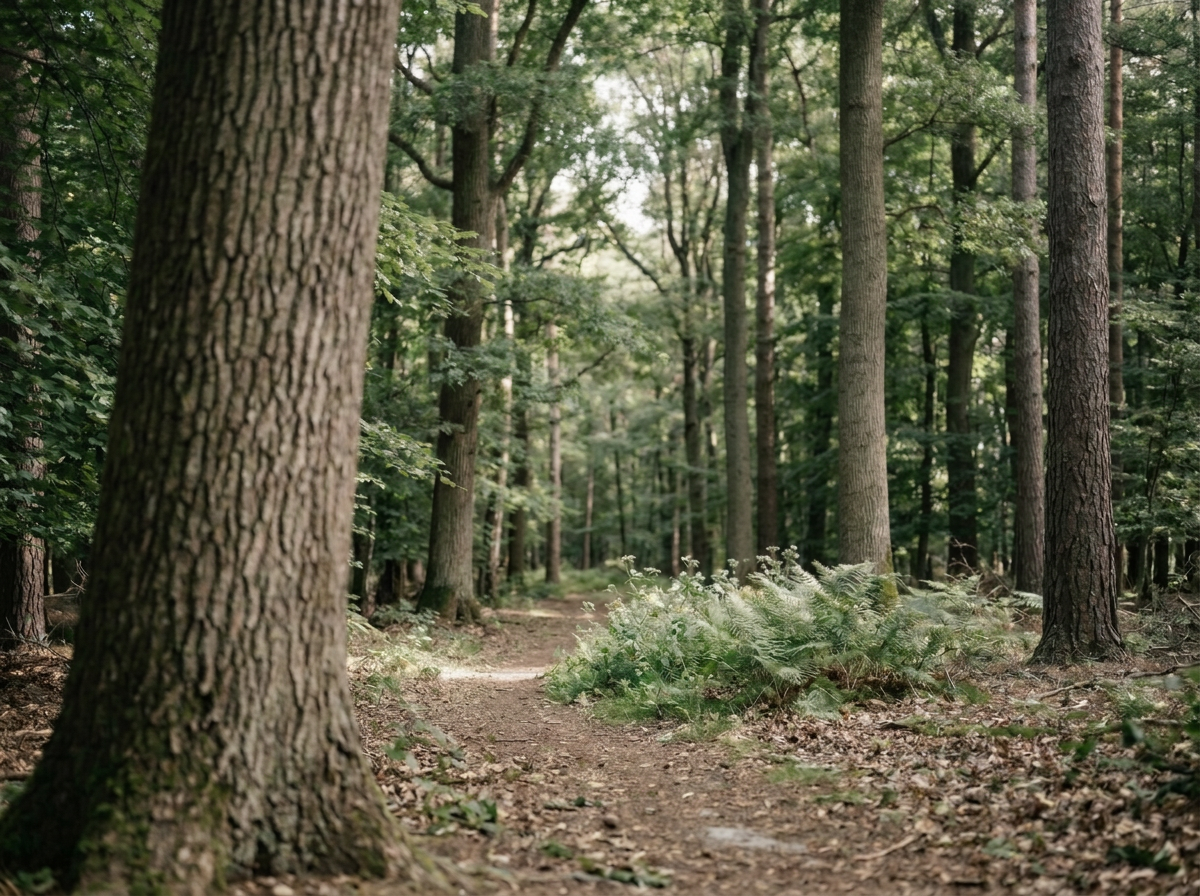 A dirt trail winds through a dense green forest with tall trees and lush foliage.