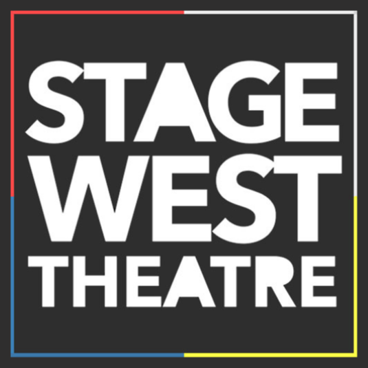 Logo for Stage West Theatre with white text on a black background and colored borders.