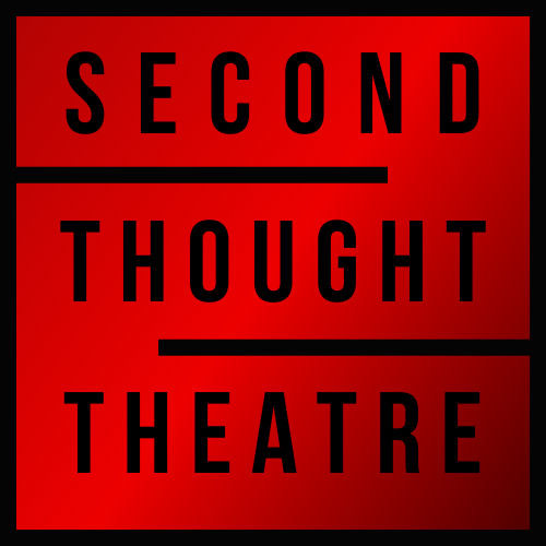 Red background with black text that reads "Second Thought Theatre" arranged in three lines with black lines separating the words.