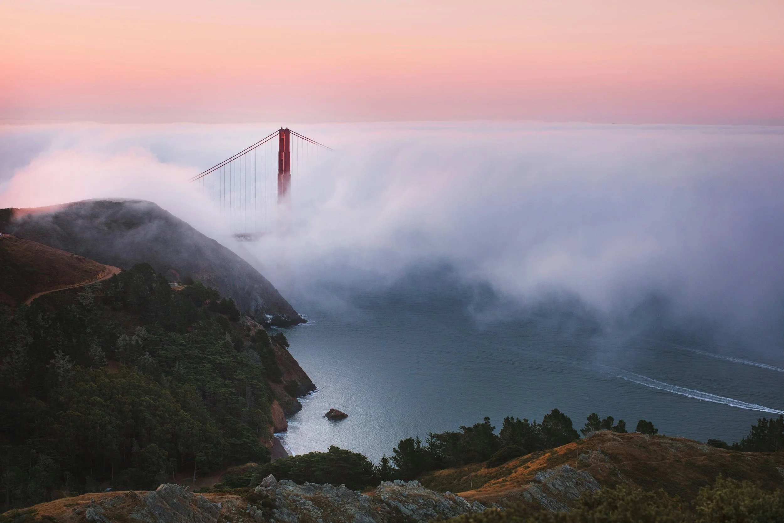 Golden Gate Bridge partially shrouded in fog, viewed from a hillside with trees and rocky terrain during sunrise or sunset.