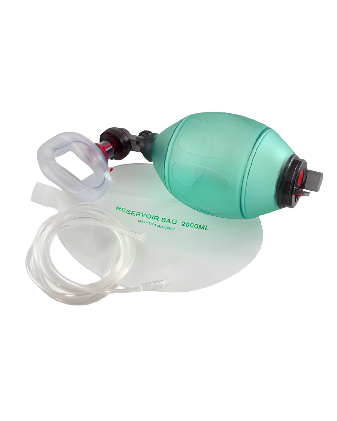 Disposable adult resuscitator bag with oxygen mask for emergency ventilation.