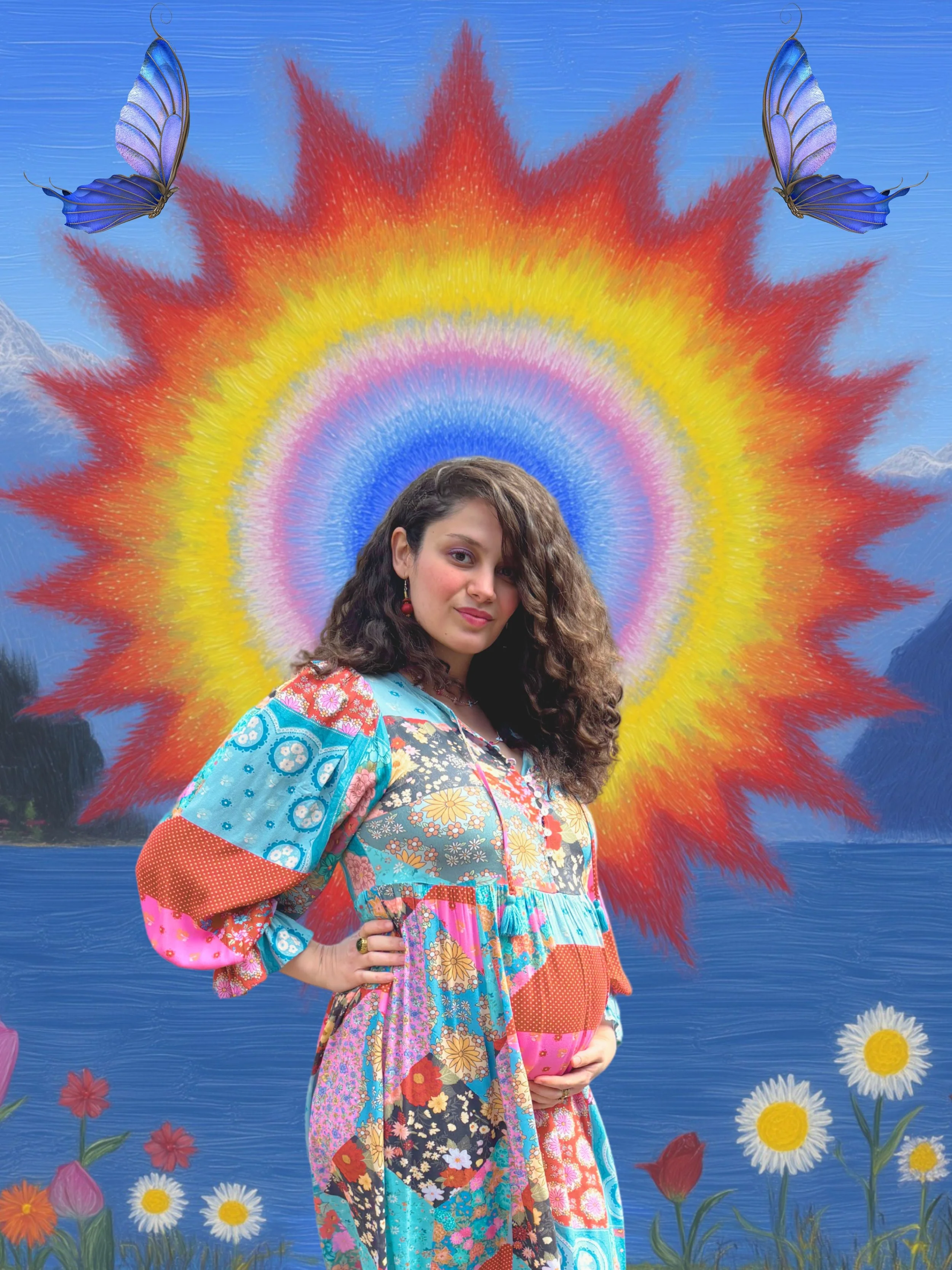 A woman in colorful patchwork dress standing in front of a vibrant mural with a large rainbow-colored sunburst, surrounded by painted butterflies and flowers.