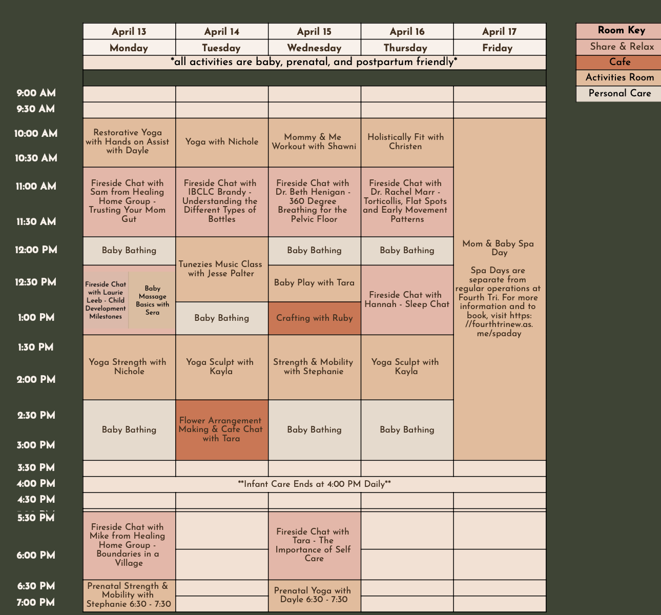 Weekly schedule for a baby, prenatal, and postpartum activity class with activities like yoga, fireside chats, baby bathing, and spa days from April 13 to April 17, each day divided into time slots from 9:00 AM to 7:00 PM with a color-coded legend for Room Key.