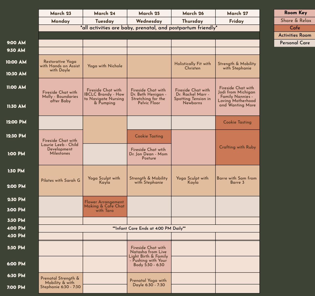 Weekly schedule of activities from March 23 to March 27, including yoga, fireside chats, cookie tasting, crafting, and prenatal yoga, with a room key on the right.
