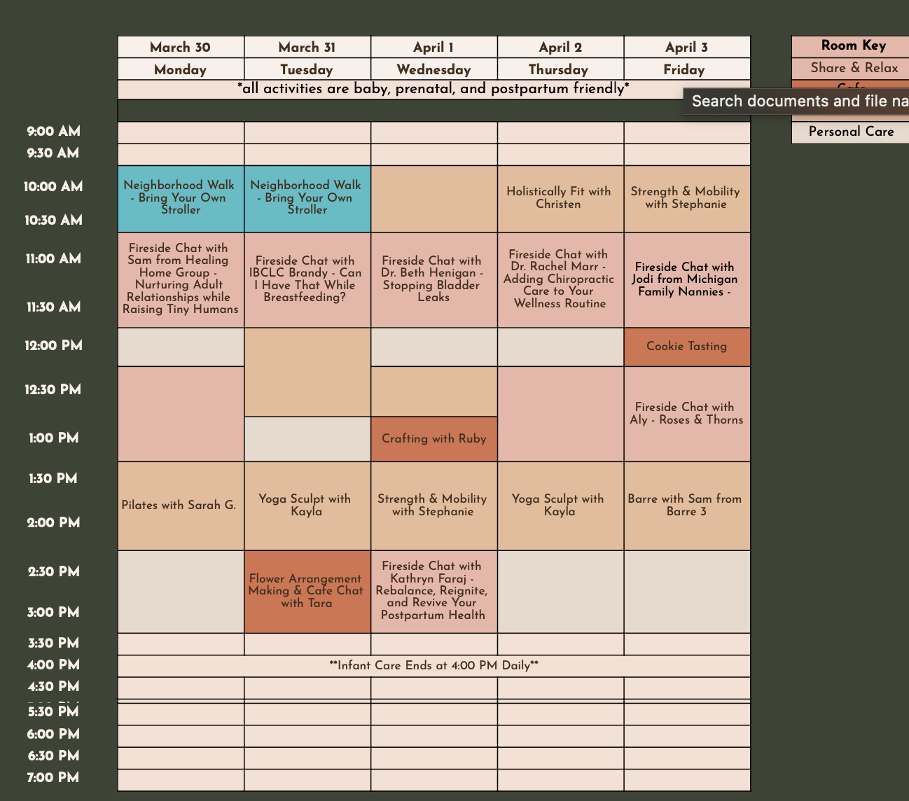 Weekly activity schedule for March 30 to April 3, including various fitness, parenting, and wellness events, with a room key and notes about infant care ending at 4:00 PM daily.