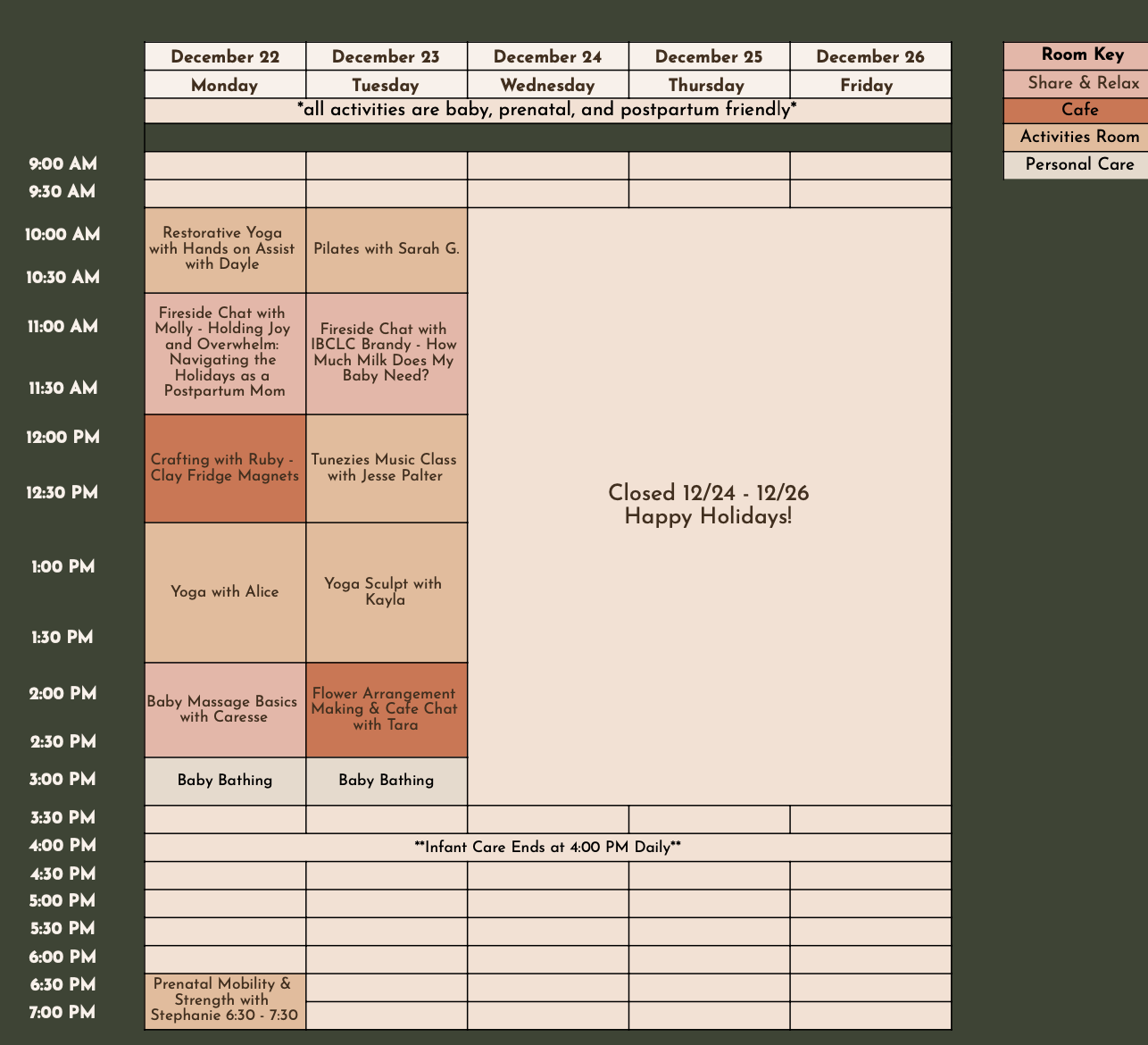 Weekly schedule for December 22-26 with baby, prenatal, and postpartum activities, including yoga, chat sessions, a music class, craft and cafe, baby bathing, and a holiday closure notice.