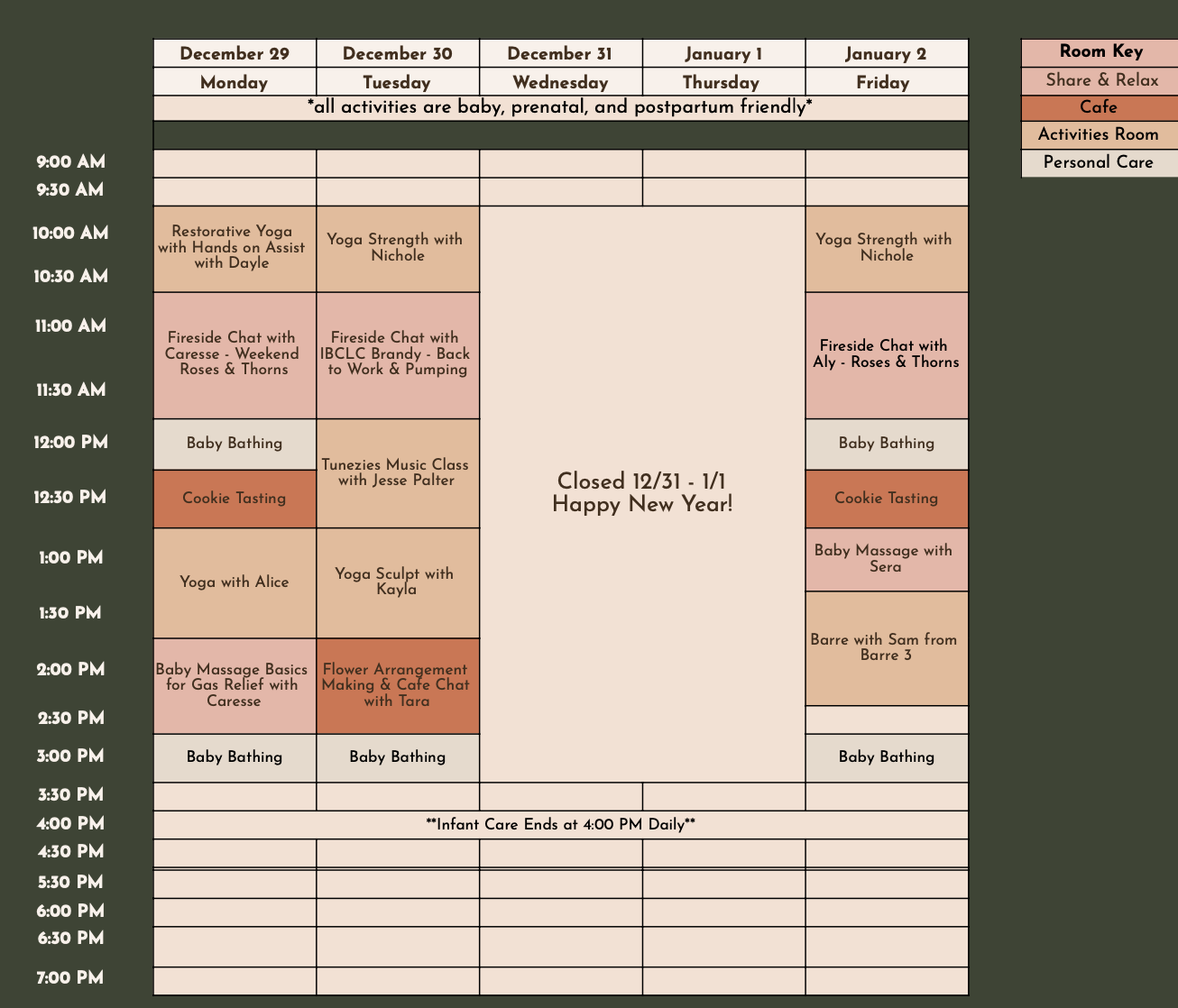 Weekly schedule for a parent-child care center from December 29 to January 2, including activities like yoga, baby bathing, cookies, and baby massage, with color-coded rooms for sharing, cafe, activities, and personal care