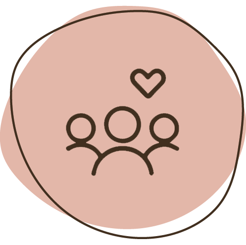 Icon of three people with a heart above them, on a beige circular background