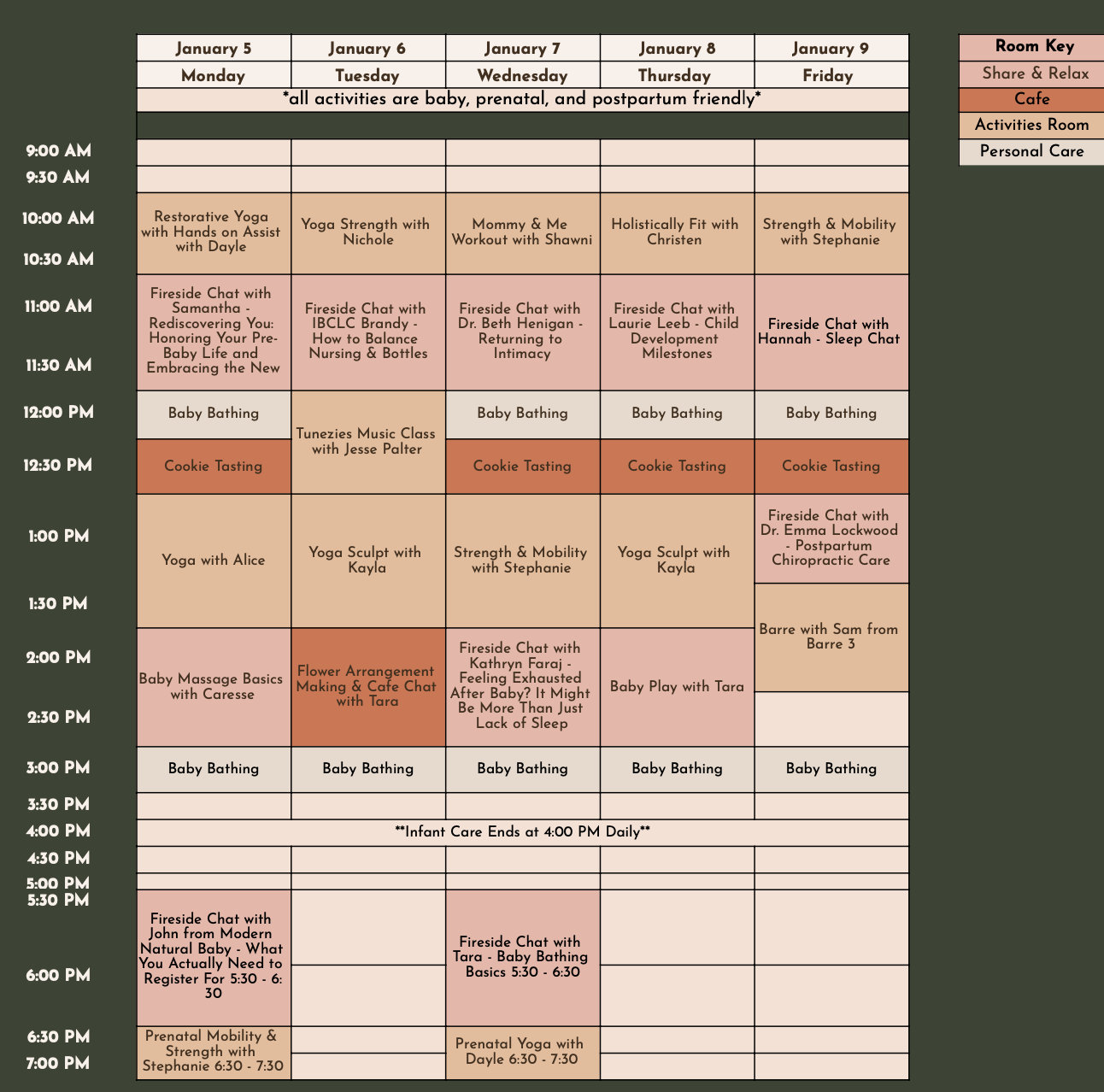 Weekly schedule chart for January 5-9, with activities like yoga, chats, baths, and sensory classes for babies and prenatal/postpartum care, color-coded by room types.