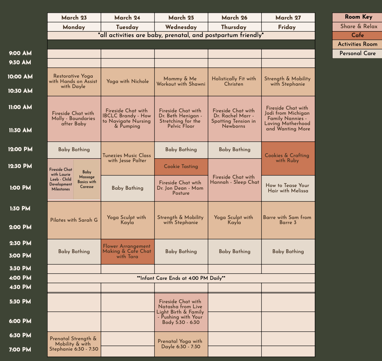 Weekly schedule of activities from March 23 to March 27 with categories for Share & Relax, Cafe, Activities Room, and Personal Care. Includes yoga, fireside chats, baby bathing, music, nesting, and other wellness activities, with some special events such as cookie tasting and flower arrangement making.