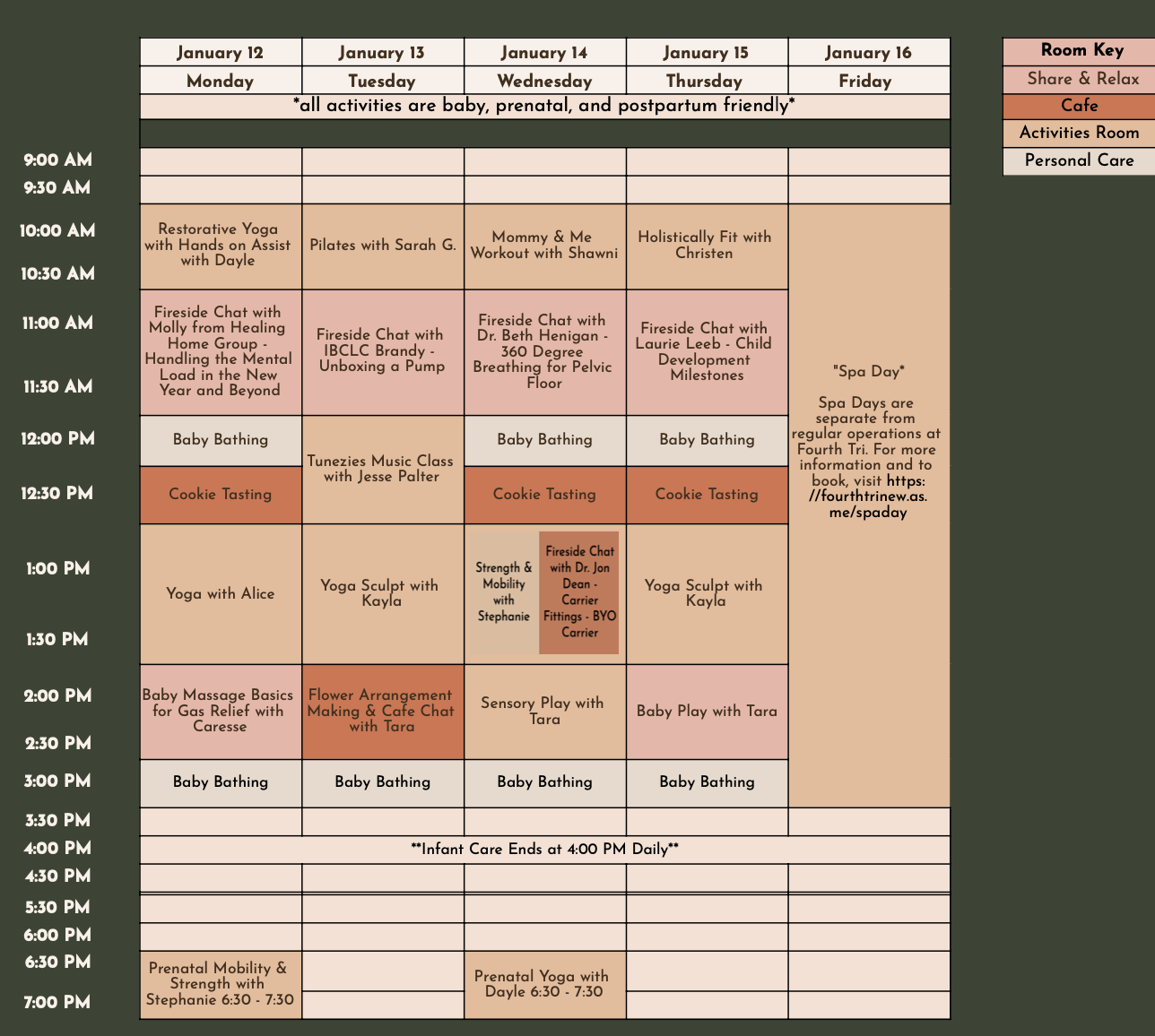 Weekly schedule for January 12 to January 16 with activities in different rooms, including yoga, meditation, and parental activities, with a room key indicating shared spaces for relaxation, cafe, activity room, and personal care.