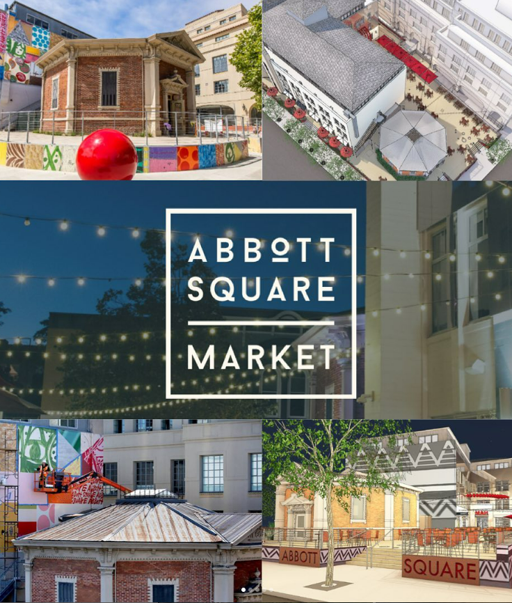 A collage of images showcasing Abbott Square Market, including outdoor seating, art installations, historic buildings, and decorative string lights.