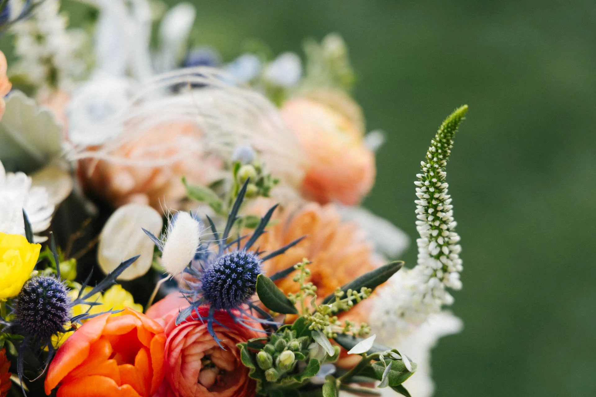 Close-up of a vibrant bouquet of flowers including orange tulips, purple thistles, white and green spiky flower, and various green foliage, set against a blurred green background.