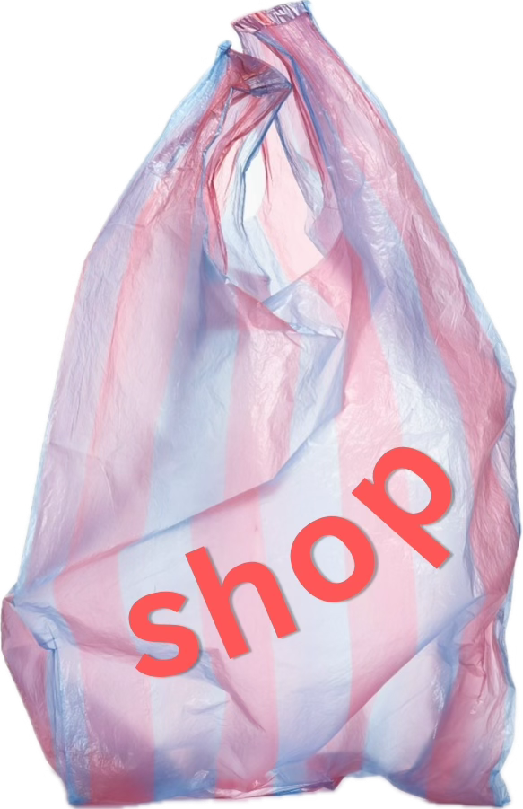 Pink, white, and blue striped shopping bag with a red 'shop' text overlay.