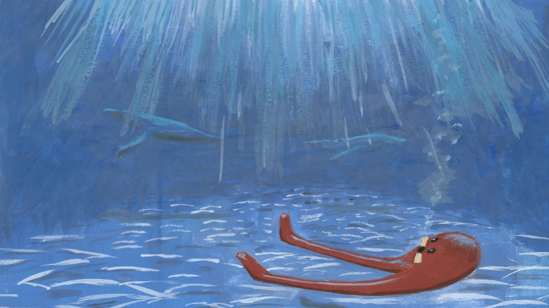 Ilustración de un pollo de color rojo en el suelo de una piscina, con rayos de luz que descienden desde arriba y peces nadando en el agua.