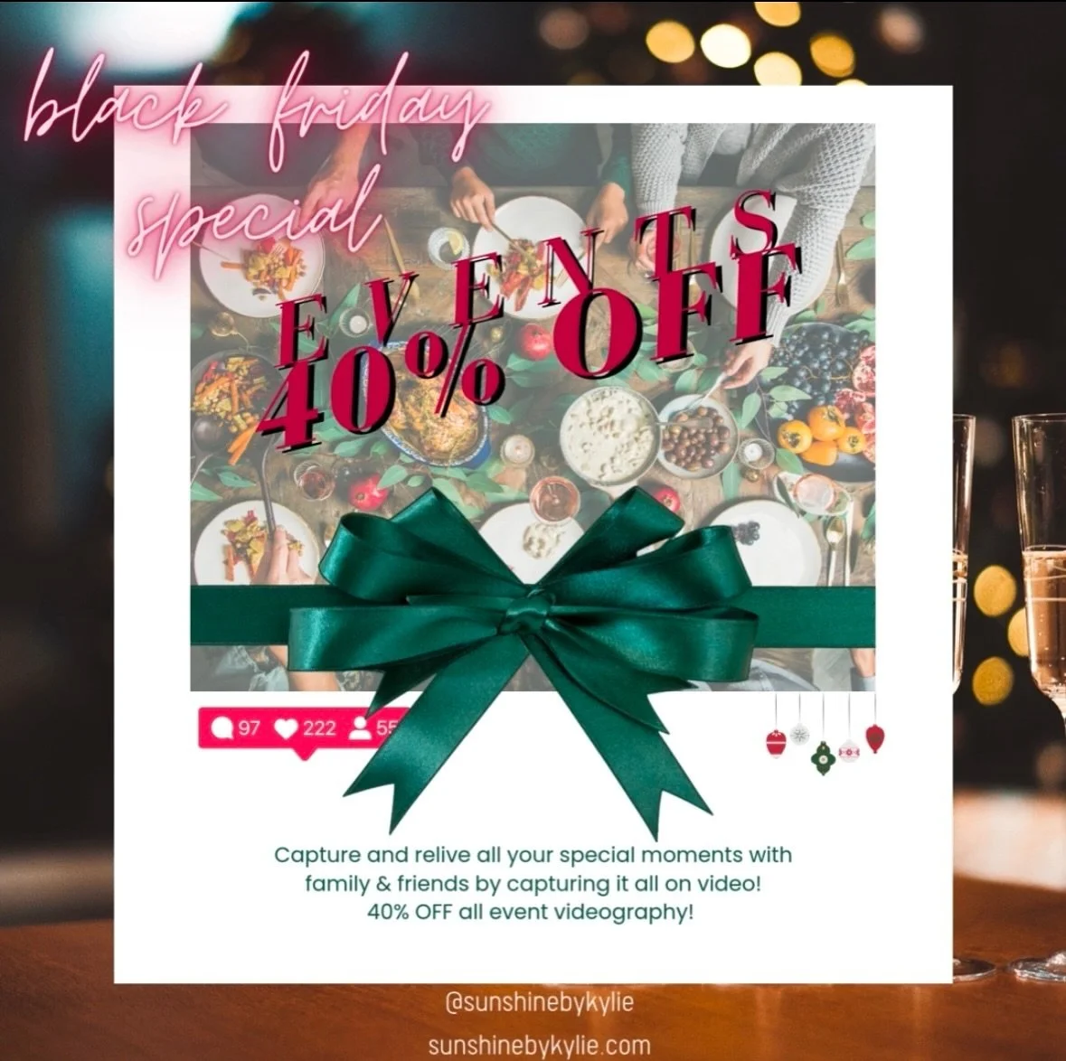 Black Friday Special ! ✨40% off all event videography! 🎥

🎄Hosting a holiday party? Capture and relive all your special holiday moments with family &amp; friends! 
✨Sale ends on Nov. 29th 2024! Book your events for your upcoming Christmas parties, 