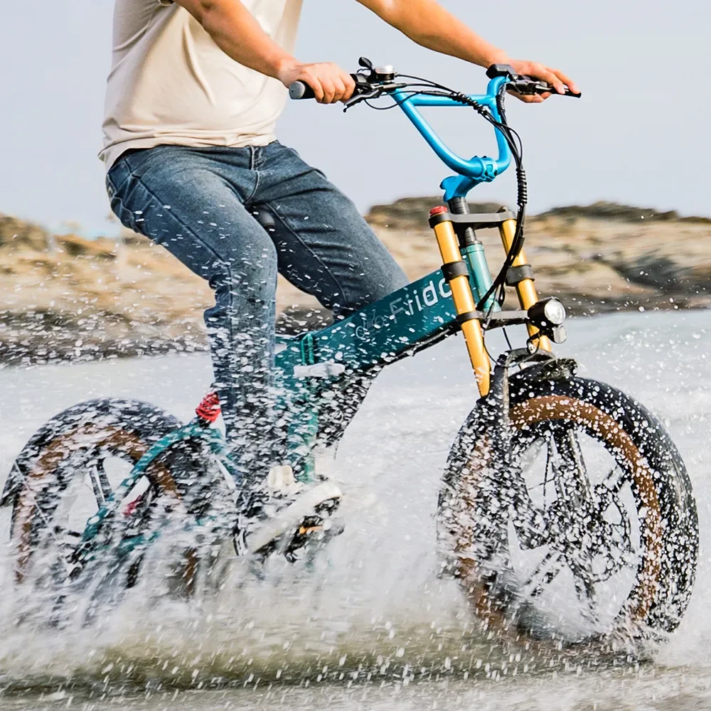 Fiido M1 Pro electric fat bike crossing water – waterproof and durable design