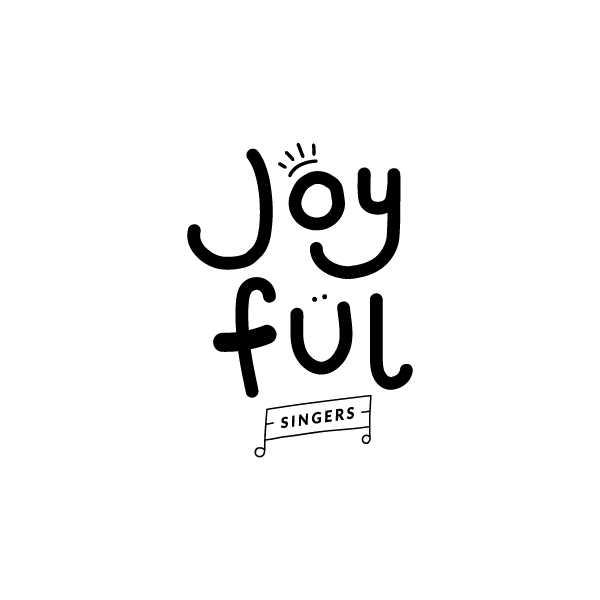 Black and white logo with playful illustration of the word "Joyful" in two lines. Smiley face to make up the "U" and words "singers" on the bottom in a music note shape.