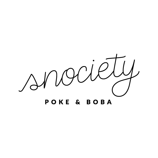 Cursive word "snociety" in a slanted sloped up position with the words "Poke & Boba" below.