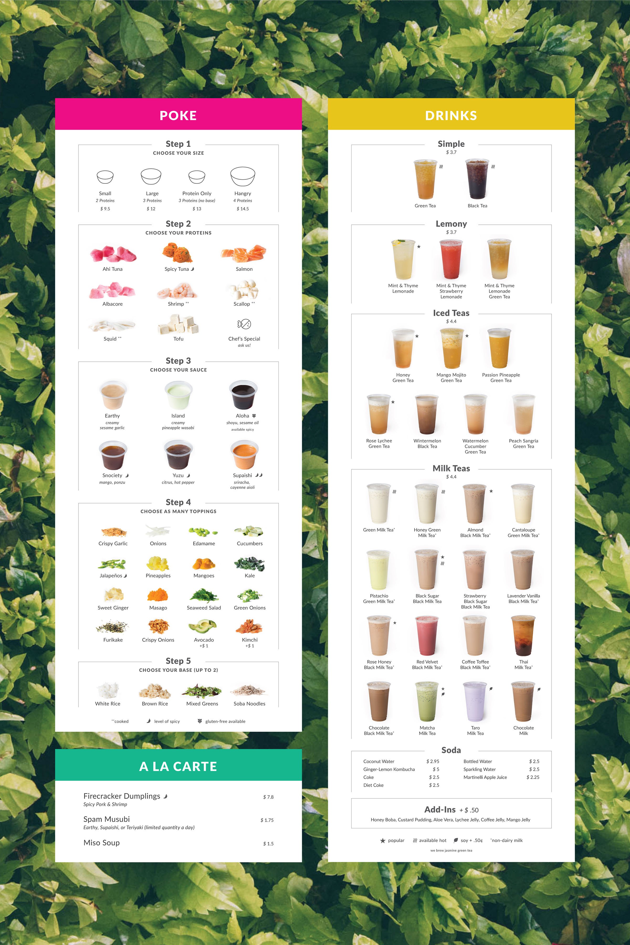 Menu featuring poke bowls with options to choose size, proteins, sauces, and toppings, and drinks including teas, milk teas, cold drinks, and add-ons.
