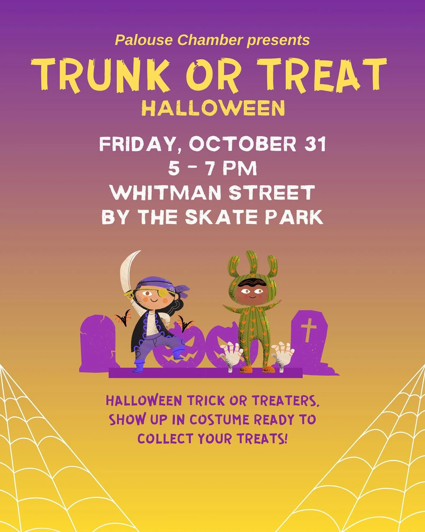 CANCELLED! Sorry folks, but Trunk or Treat didn't get enough sign-ups this year. Instead, pick up a town Trick or Treat map at Palouse City Hall or Library and at Palouse Family Foods 👻