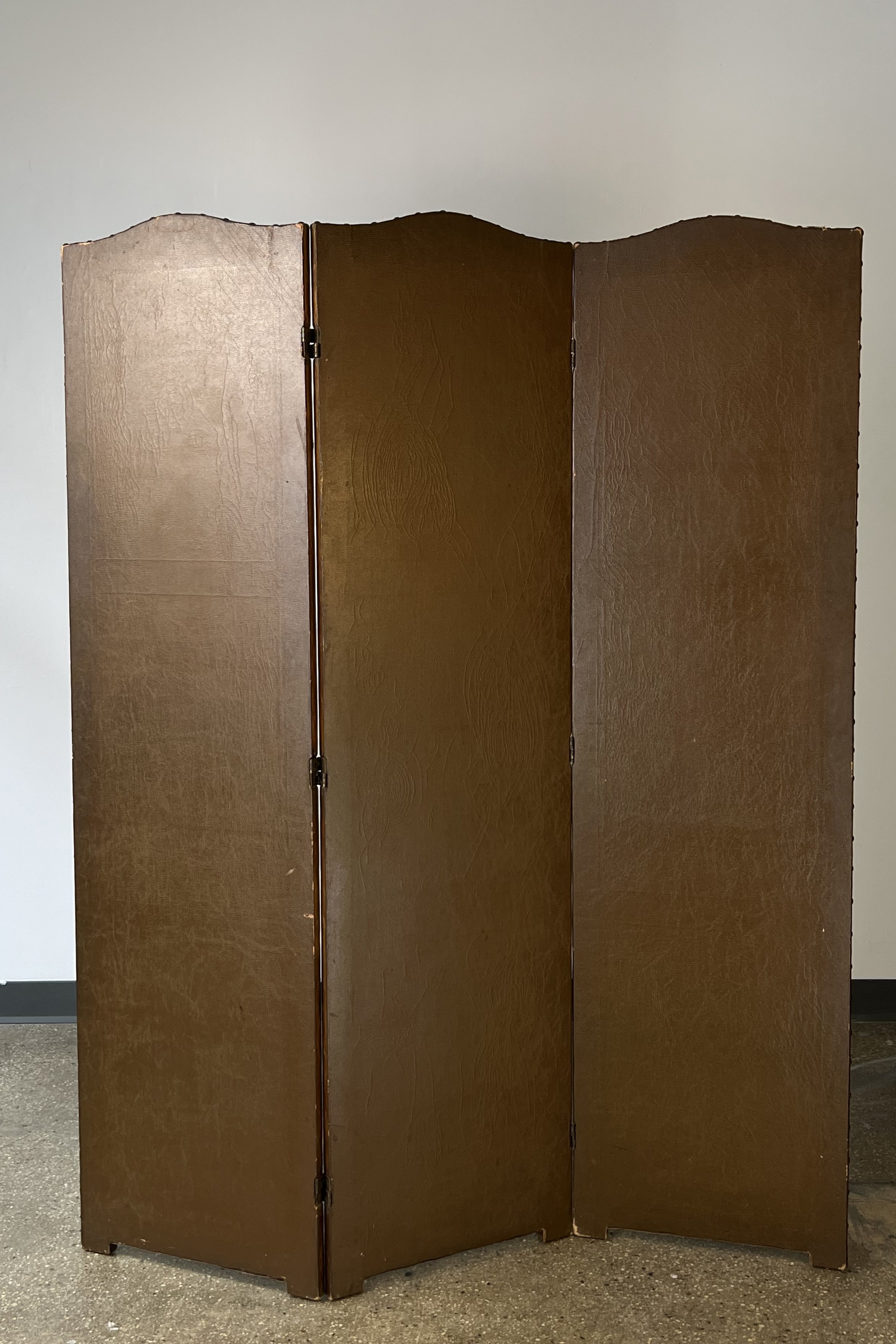 Italian leather folding screen showcasing elegant 1920s oil-painted flowers and brass studs