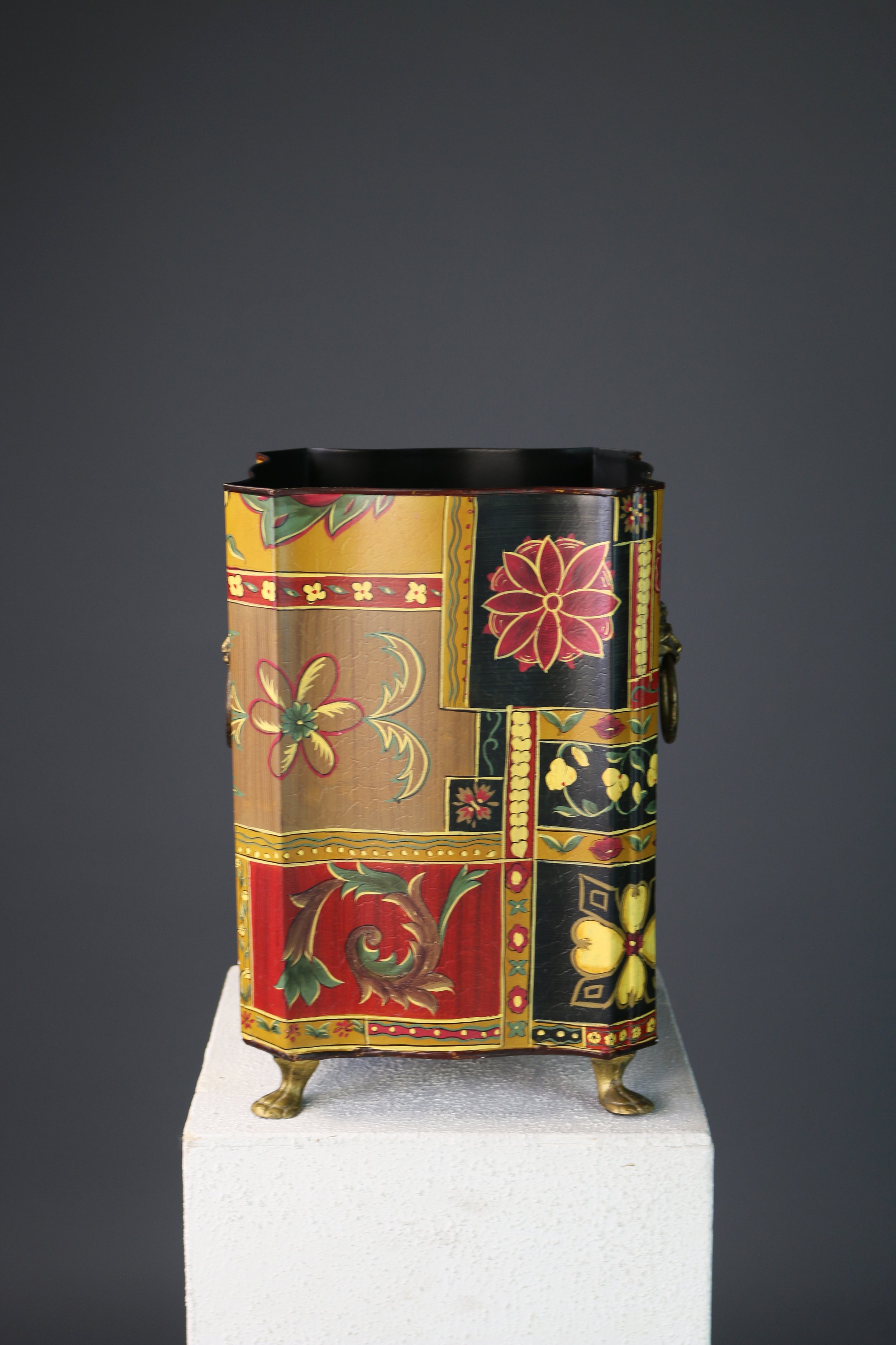 French Empire style Chinoiserie metal waste basket with floral design
