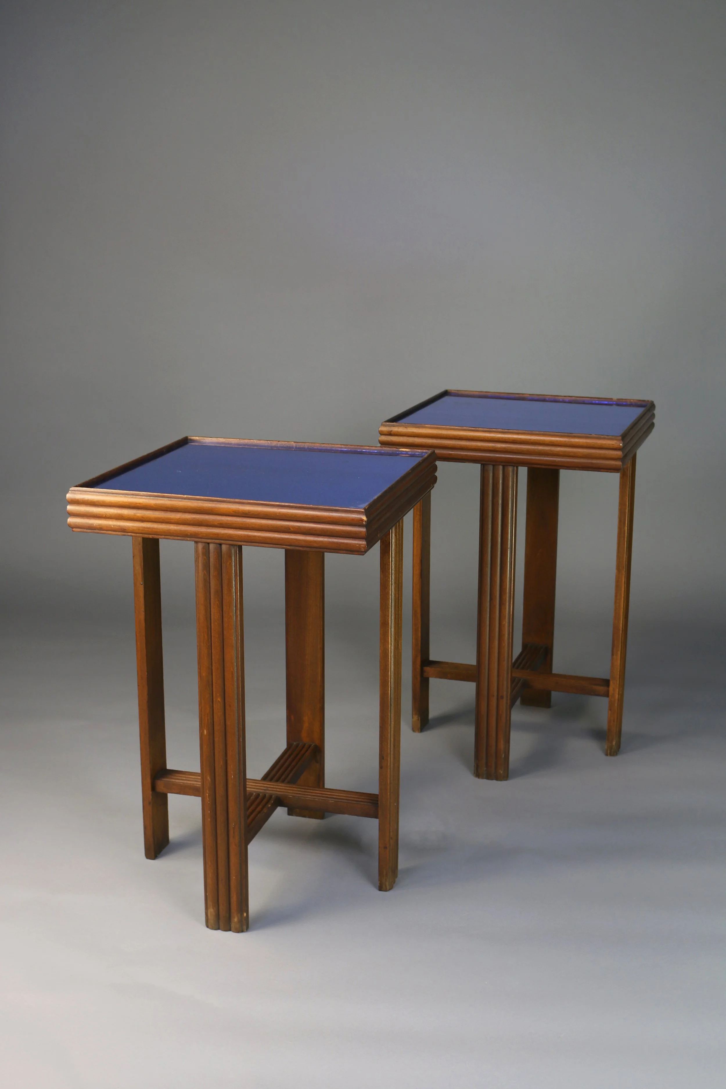 Pair of 1930s Art Deco side tables with removable blue glass mirror tops