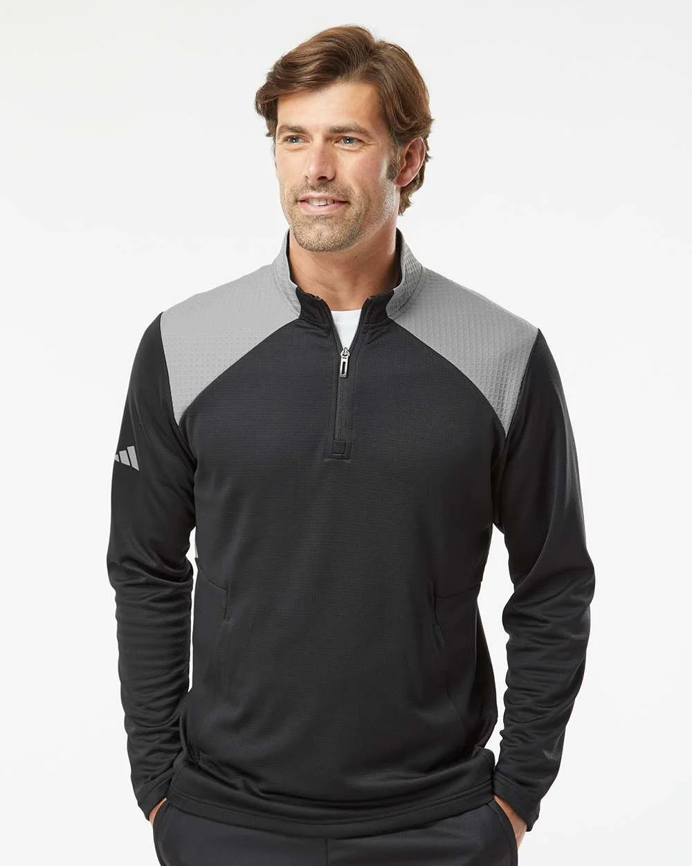 Adidas 06653 Men's Textured Mixed Media Quarter-Zip Pullover