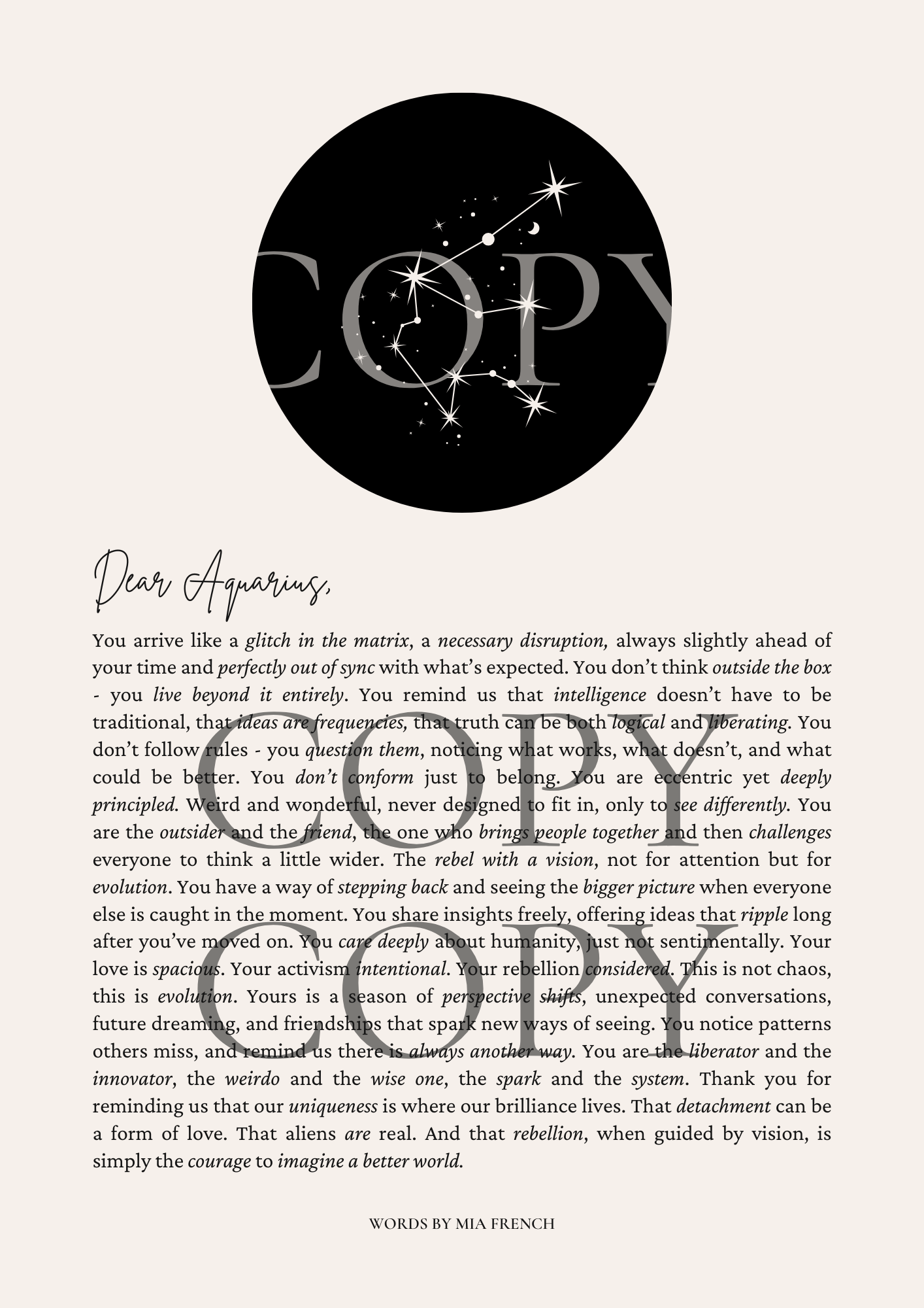 Dear Aquarius ~ Design 2