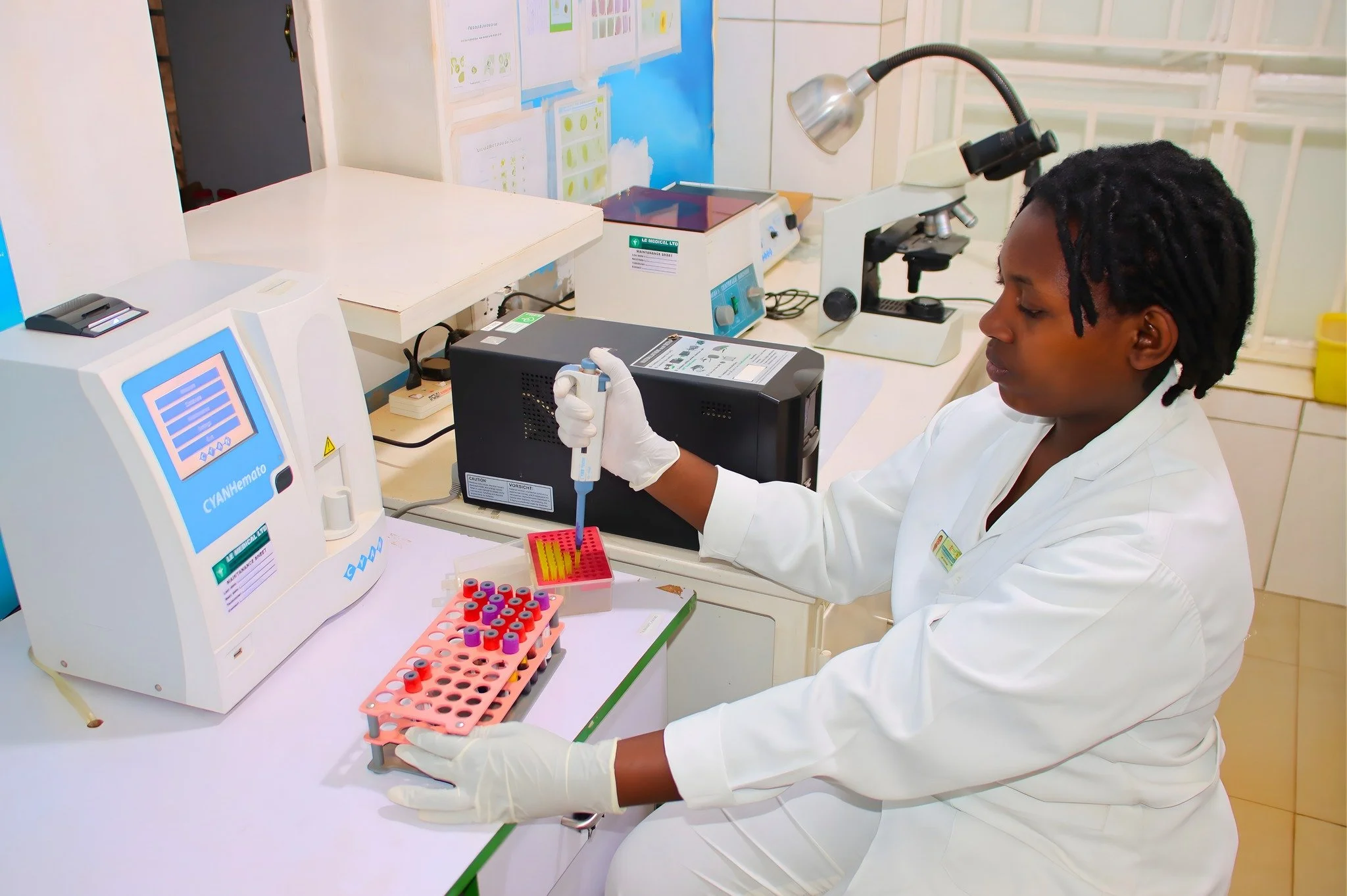 Considering that our Health Center will serve over 16,000 patients this year, our medical laboratory will conduct at least that many tests. Solange Nyirabatoni, who serves as a lab technician at our Health Center, is currently preparing tests from bl